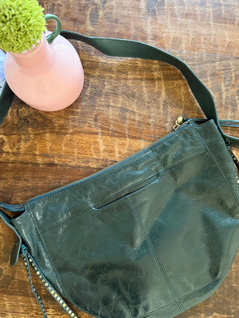 Hobo Dark Green Crinkle Leather Shoulder Bag